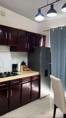 a kitchen with black cabinets and a stainless steel refrigerator at Exclusivo y céntrico en San Miguel in San Miguel