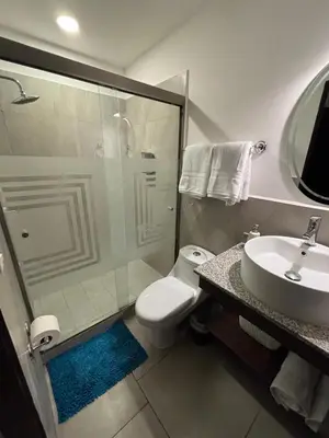 a bathroom with a shower and a toilet and a sink at Apartamento Nuevo ,Todo a tu alcance in San Salvador
