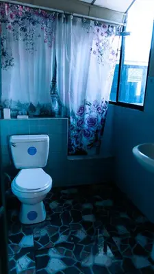 a bathroom with a toilet and a shower curtain at Habitación sencilla in San Salvador