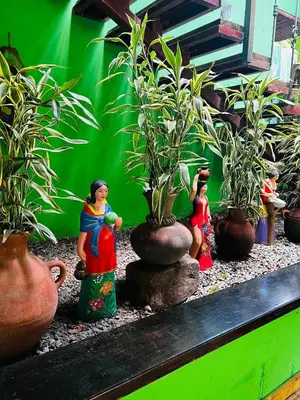 a group of figurines standing next to potted plants at Guazapa Cafe hotel petit in Suchitoto