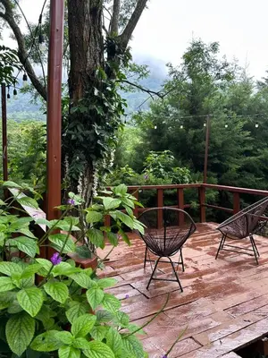 two chairs and a table on a wooden deck at Hotel Nido de Pájaro in Los Naranjos