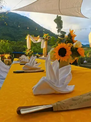 a table with sunflowers and a knife on it at Hotel Nido de Pájaro in Los Naranjos