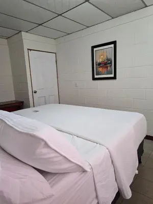 a white bed in a room with a picture on the wall at New House in Ciudad Merliot in Hacienda Plan de La Laguna