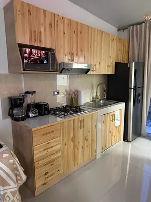 a kitchen with wooden cabinets and a stove and a refrigerator at Golden House in San Miguel