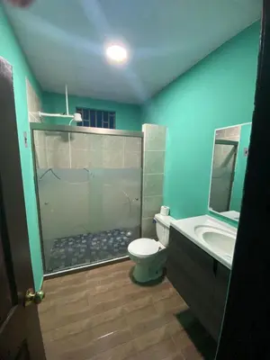 a bathroom with a shower and a toilet and a sink at Casa Apaneca in Apaneca