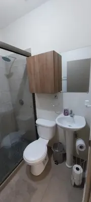 a bathroom with a toilet and a sink and a shower at Peach Haven 143 in San Juan Opico