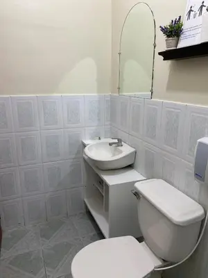 a white bathroom with a toilet and a sink at Casa Victoria in San Miguel