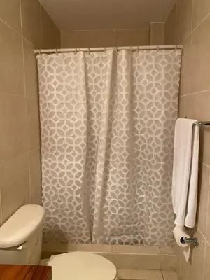 a bathroom with a shower curtain and a toilet at Beatiful Condo in Escalon near WTC building and Masferrer in San Salvador
