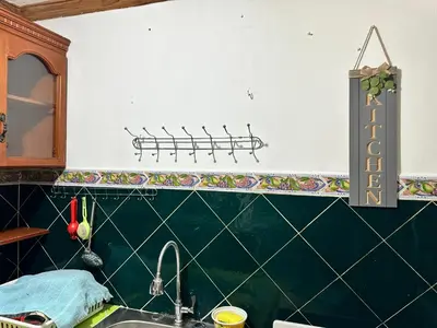 a kitchen with a sink and a green wall at Tu Estancia en San Salvador in Mexicanos