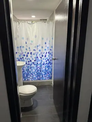 a bathroom with a toilet and a blue shower curtain at Chavez in San Salvador