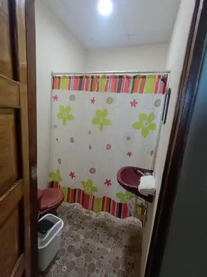 a bathroom with a toilet and a shower curtain at Casa Blanca el Zonte in El Zonte