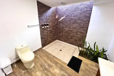 a bathroom with a toilet and a brick wall at Hotel Termales La Montaña in Ahuachapán