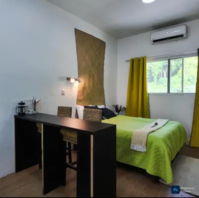 a bedroom with a desk and a green bed at Suite para dos Las Terrazas in San Salvador