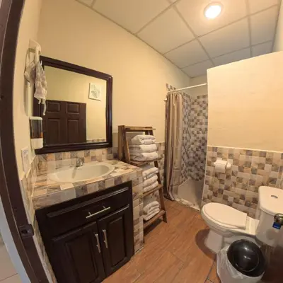 a bathroom with a sink and a toilet and a mirror at La Casa de Sonya in Concepción de Ataco