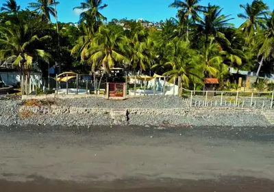 a beach with palm trees and a fence at Quinta Brisas del Surf La Libertad in La Libertad