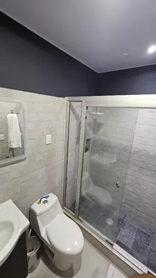 a bathroom with a shower and a toilet and a sink at Apartamento 2-B new suite in SS in San Salvador