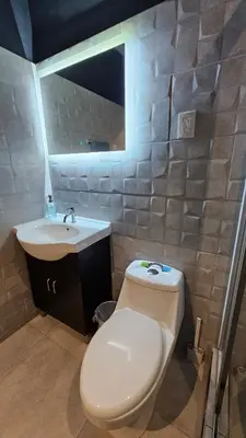 a bathroom with a toilet and a sink and a mirror at Apartamento 2-B new suite in SS in San Salvador