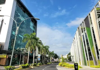a city street with palm trees and a building at Stylish apartment in San Salvador Downtown in San Salvador