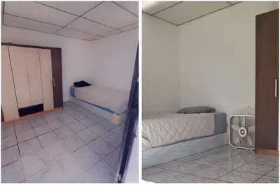 two pictures of a room with two beds and a door at Casa El Trébol
