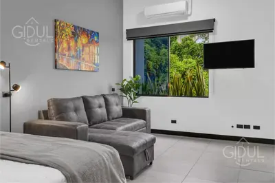 a living room with a couch and a television at Beautiful & Cozy Suite 3 min from Paseo Escalon in San Salvador