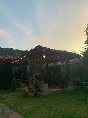 a garden with a pergola with a table and a wheel at Gran Bonanza Hotel in Alegría