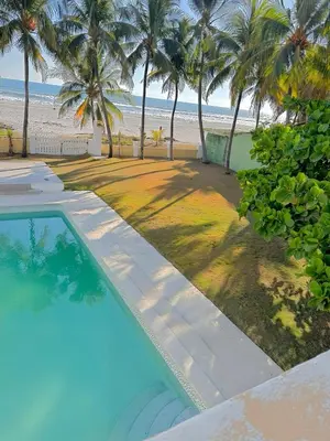 a swimming pool next to a beach with palm trees at Villa Vallarta Costa del Sol in Marcelino