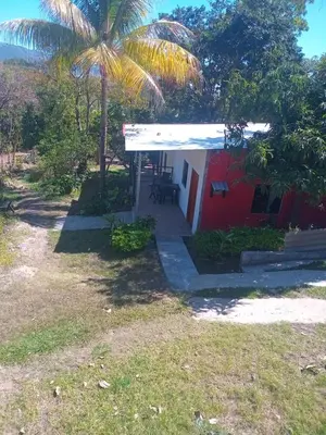 a red and white house with a palm tree at Cabañas La China in El Congo