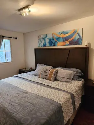 a bedroom with a bed and a painting on the wall at Casa campo Morales in Apopa