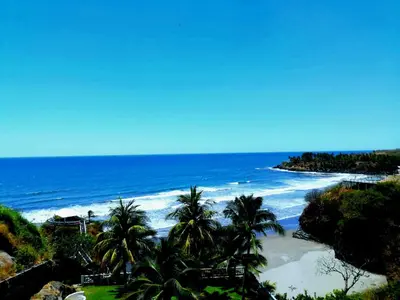 a view of a beach with palm trees and the ocean at Hotel Rancho Infinito in El Cuco