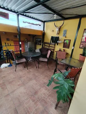 a room with a table and chairs and a antelope on the wall at Rooms libertad in San Salvador