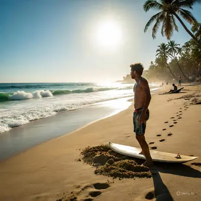 a man standing on a surfboard on the beach at Cozy Loft,Surf City, La Libertad, in La Libertad
