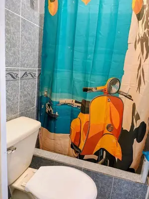 a bathroom with a toilet and a scooter shower curtain at Lombardia San Salvador City in San Salvador