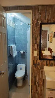 a bathroom with a toilet and a sink and a mirror at Lombardia Planes de Renderos in San Marcos