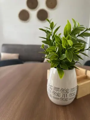 a white vase with a plant on a table at Apartamento C Fuertevali in San Salvador