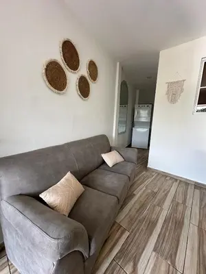 a living room with a couch and two plates on the wall at Apartamento C Fuertevali in San Salvador