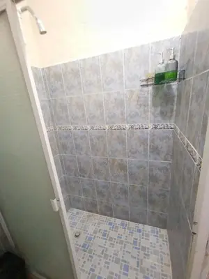 a bathroom with a shower with blue tiles at Casa céntrica en zona privada in Las Delicias