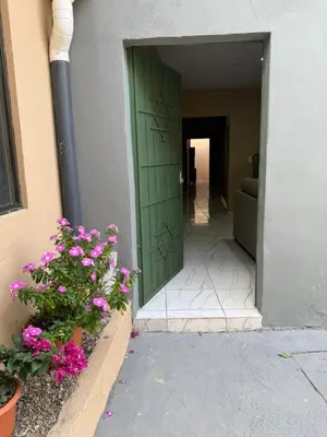a green door of a building with flowers next to it at Milos Hostel in Santa Ana