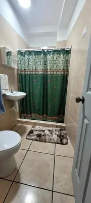 a bathroom with a green shower curtain and a sink at Hogar cálido