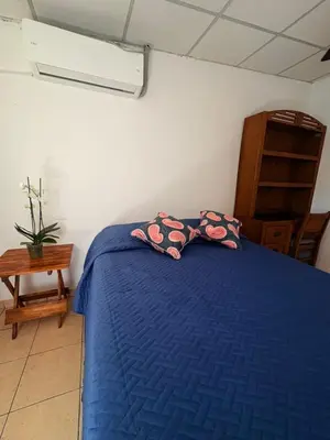 a bedroom with a blue bed with two pillows on it at Hostal Proceres in San Salvador