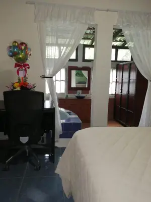 a bedroom with a bed and a desk with a balloon at Cabañas y café Kauani