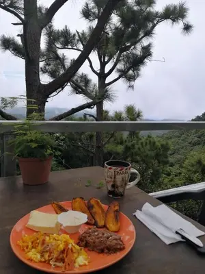 a plate of food on a table with a cup of coffee at Cabañas y café Kauani