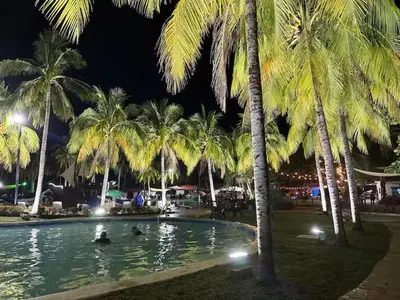 a pool with palm trees and ducks in it at night at Pool • Resort Access • Game Room • Fire Pit in Los Cóbanos