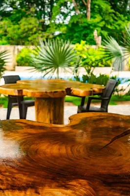 a wooden table and two chairs and a table and a tree stump at Casa Las Flores in El Cuco