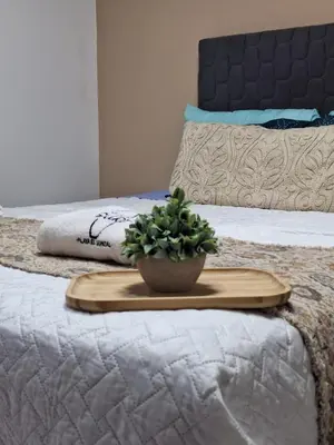 a wooden tray with a potted plant on a bed at Villa Surf Retreat in La Libertad
