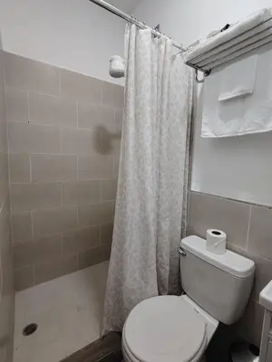 a bathroom with a toilet and a shower curtain at Veraneras House, your home in Santa Ana, El Salvador in Santa Ana