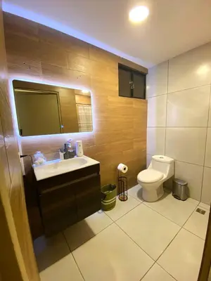 a bathroom with a sink and a toilet at Cozy house 5 minutes from the airport in Las Flores