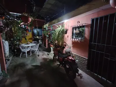 a room with a table and chairs and plants at Rooms libertad in San Salvador
