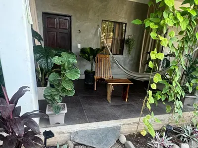 a room with plants and a doorway with a mirror at Dos Palmas in El Sunzal