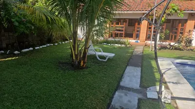 a palm tree and a bench next to a pool at Casa Aquetzalli in San Salvador