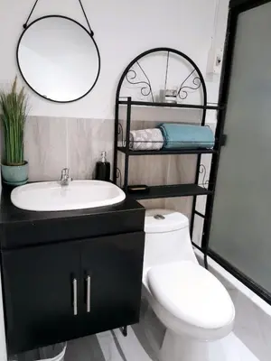 a black and white bathroom with a toilet and a sink at Flamingo loft in La Puerta de La Laguna